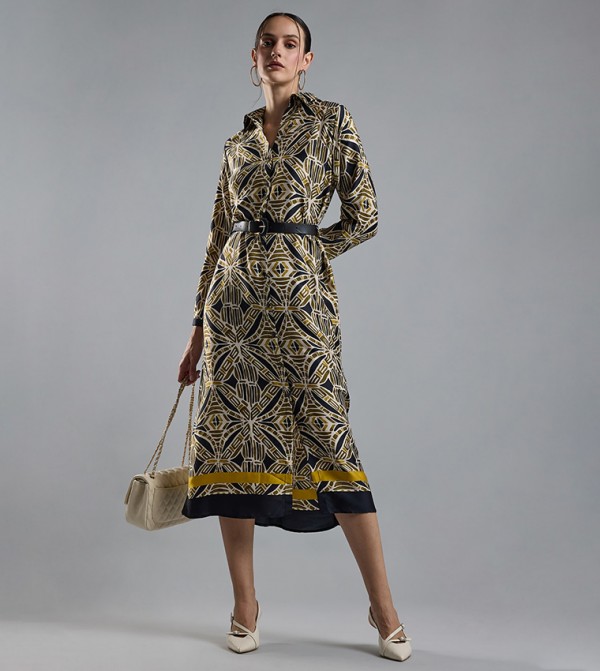 Patterned Shirt Dress with Long Sleeves
