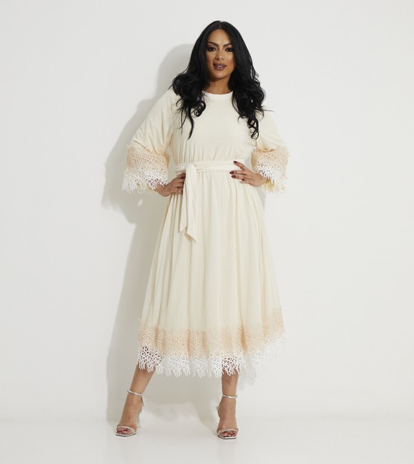 Lace Trim Midi Dress with Waist Belt