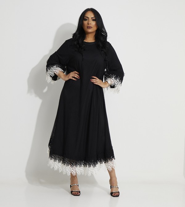 Lace Trim Midi Dress with Waist Belt