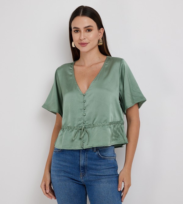 V-Neck Drawstring Waist Crop Top