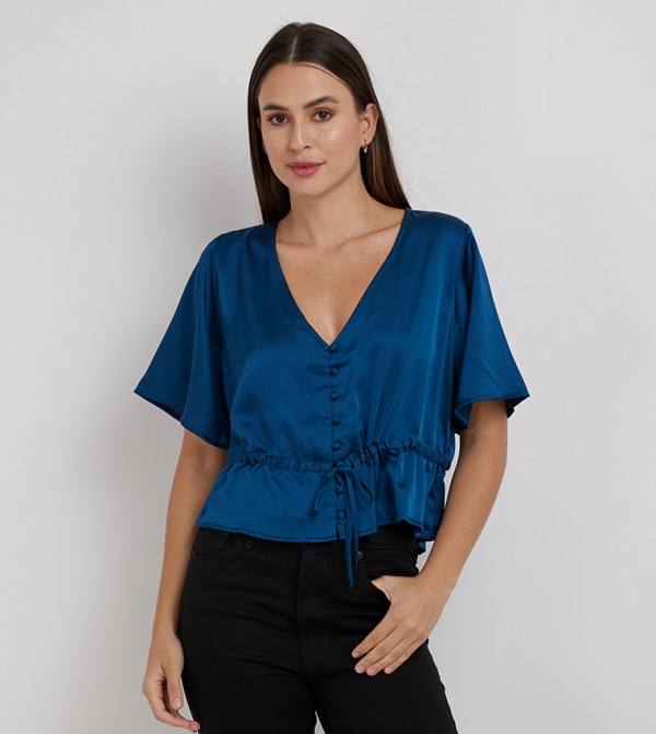 V-Neck Drawstring Waist Crop Top