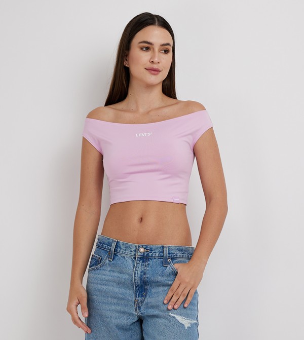 Logo Printed Off-Shoulder Crop Top