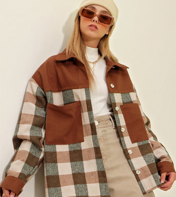 Color Block Checkered Cachet Oversized Jacket Shirt 
