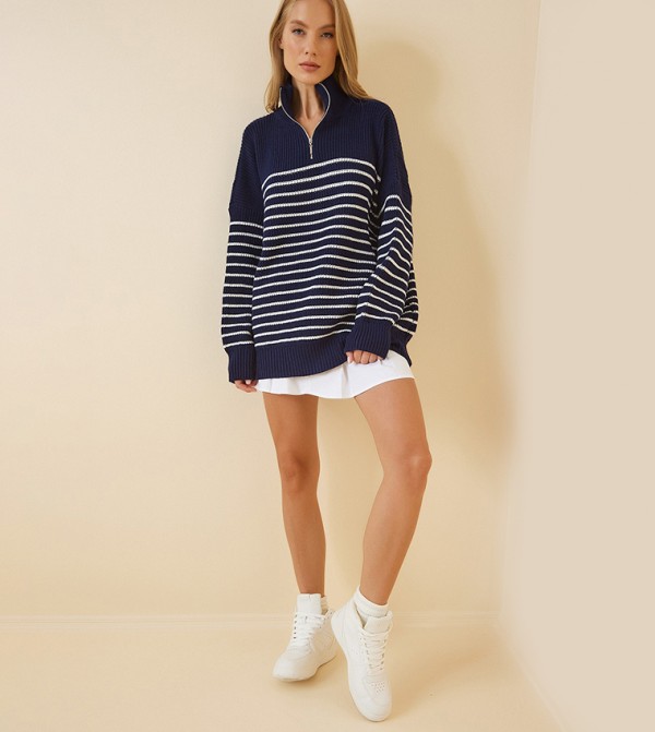 Striped Zippered Oversized Sweater