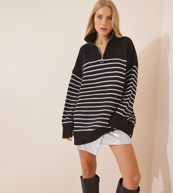 Zipper Stand Up Collar Striped Oversized Sweater