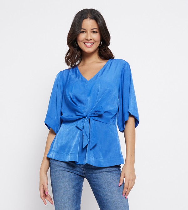 Solid V-Neck Tie-Up Detail Top