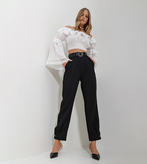 Solid High Waist Belted Trousers