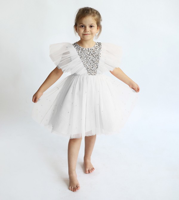 Sequins Embellished Flutter Sleeves Tulle Dress
