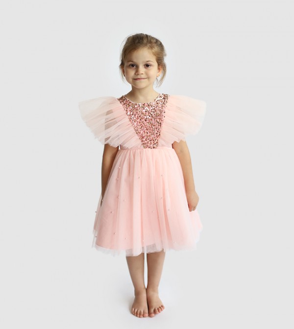Sequins Embellished Flutter Sleeves Tulle Dress