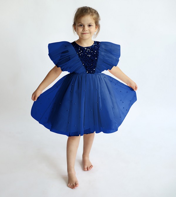 Sequins Embellished Flutter Sleeves Tulle Dress