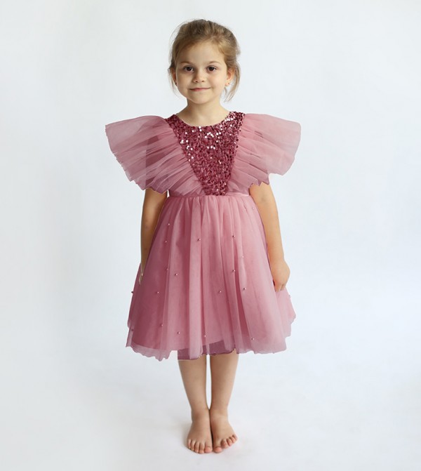Sequins Embellished Flutter Sleeves Tulle Dress