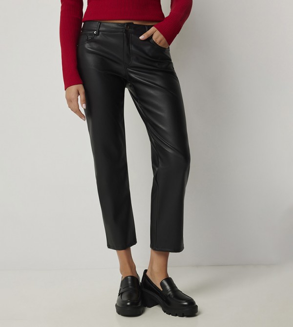 Mid Rise Faux Leather Trousers