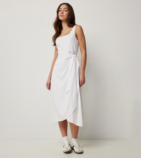 Linen Blend Midi Wrap Dress