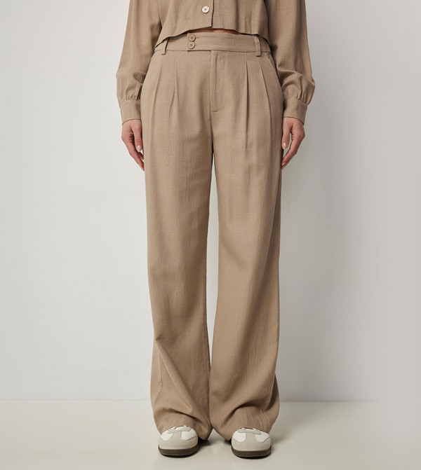 High Rise Linen Blend Pleated Trousers