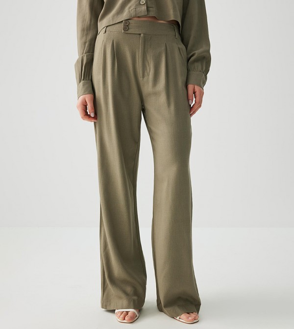 High Rise Linen Blend Pleated Trousers