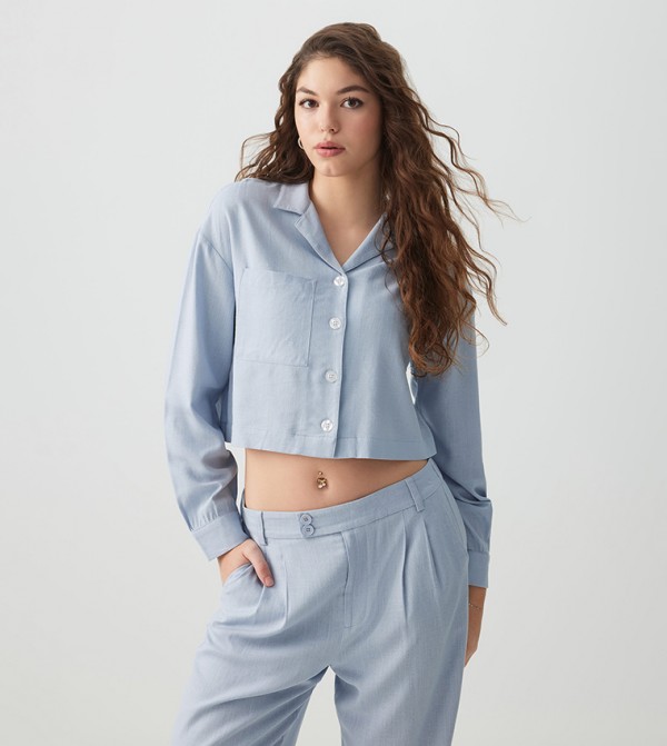 Solid Linen Blend Cropped Shirt