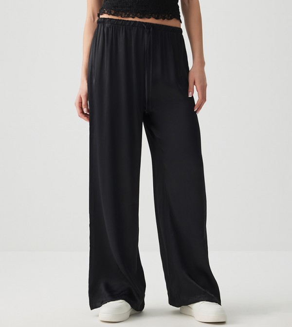Solid Drawstring Waist Wide Leg Pants