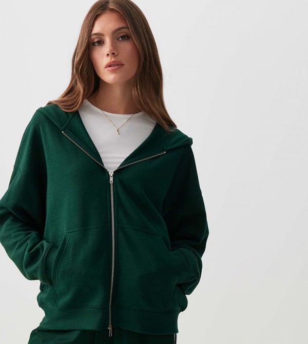 Solid Zippered Hooded Jacket