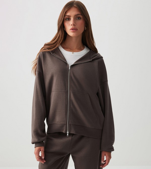 Solid Zippered Hooded Jacket