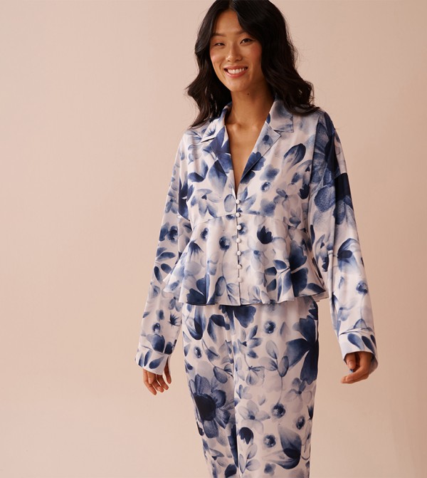 Blue Floral Print Satin Flared Button-Down Shirt
