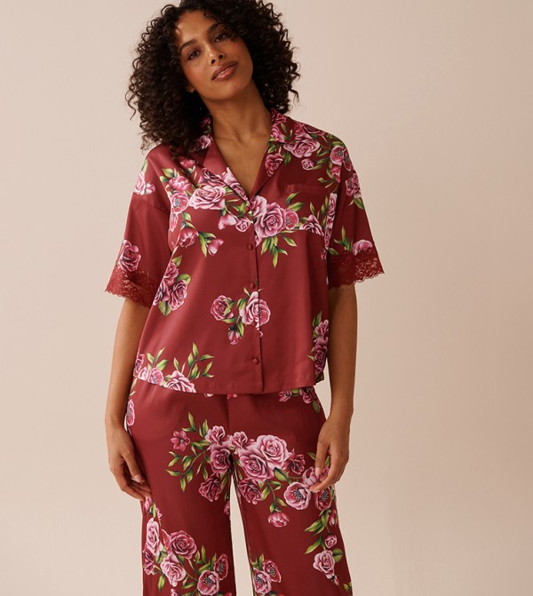 Rose Print Satin and Lace Trim Button-Down Sleep Shirt