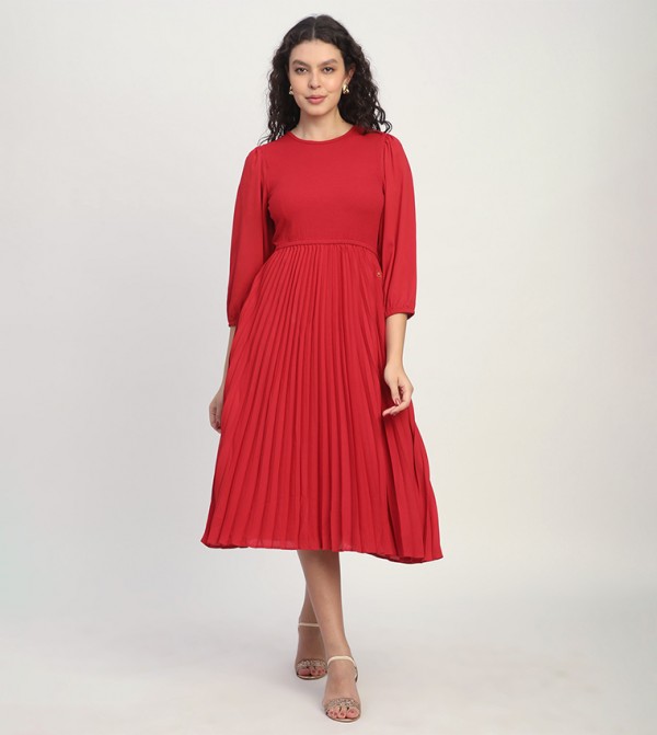 Ribbed Ruffle 3/4 Sleeves Midi Dress