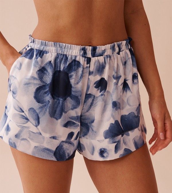 Blue Floral Print Frill Detail Satin Shorts