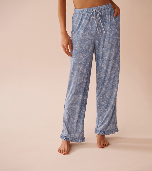 White Floral Print Recycled Fibers Ruffled Pants