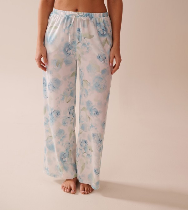 Blue Rose Print Satin Pyjama Pants