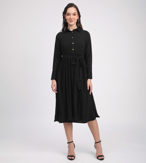 Belted Long Sleeves Midi Dress