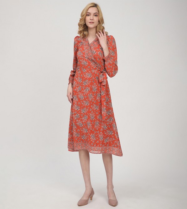 Patterned Long Sleeves Wrap Dress