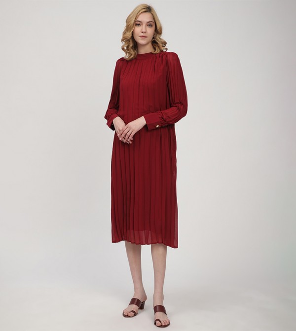 Pleated Long Sleeves Midi Dress