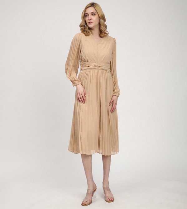 Pleated Long Sleeves Midi Dress