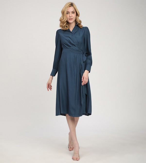 Solid Long Sleeves Wrap Shirt Dress