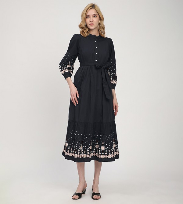 Embroidered Mandarin Collar Midi Dress