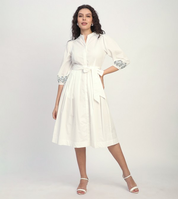 Belted 3/4 Sleeves Midi Dress