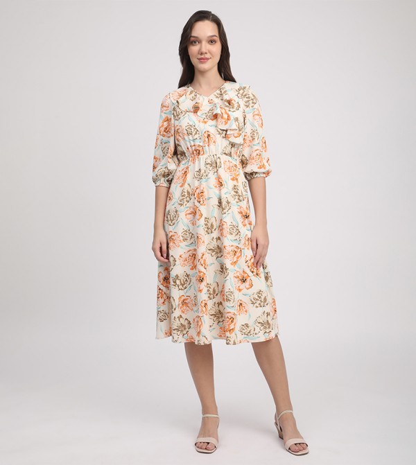 Printed 3/4 Sleeves Midi Dress