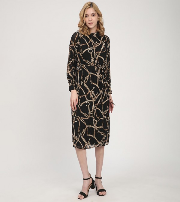Patterned Long Sleeves Midi Dress