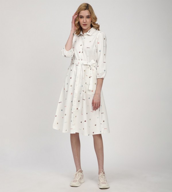 Monogram Patterned Belted Shirt Dress