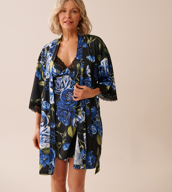 Rose Print Satin and Lace Trim Sleep Robe