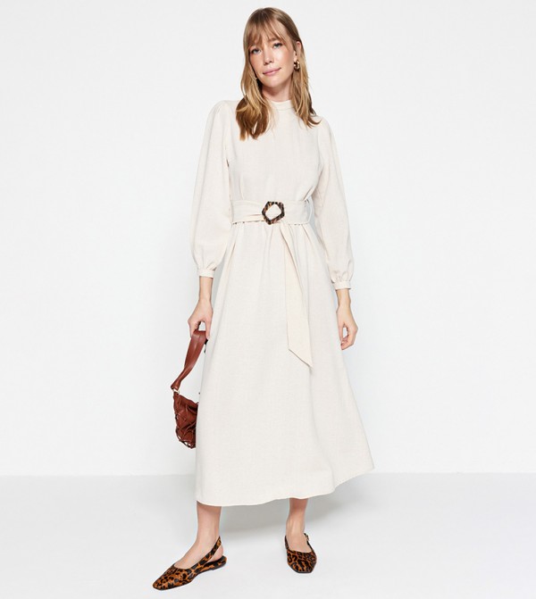 Mock Neck Puffed Sleeves Dress