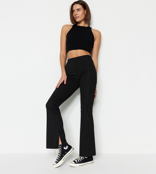 Buy Boohoo Pu Seam Detail Flared Tailored Trousers In Black