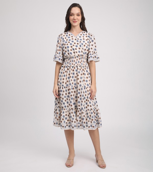 Printed 3/4 Sleeves Midi Dress