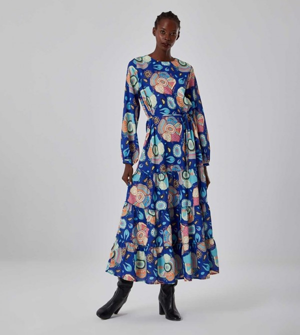Printed Long Sleeves Midi Dress