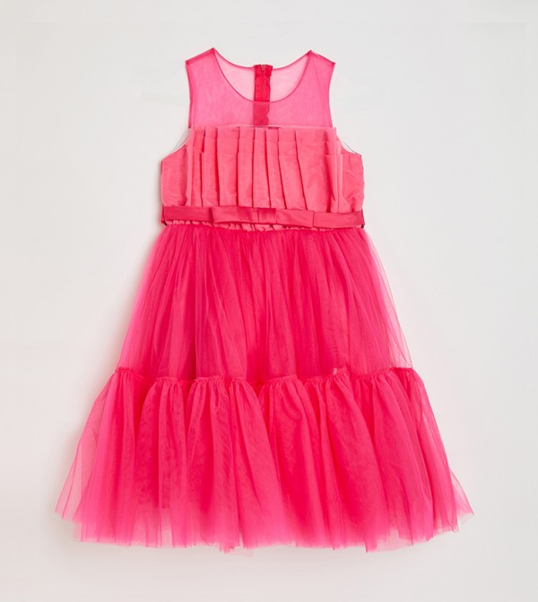 Girl's Bow Front Ruffle Hem Mesh Gown Dress