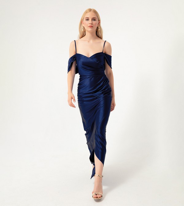 Italian Structured Satin Halter Neck Drape Pencil Midi Dress