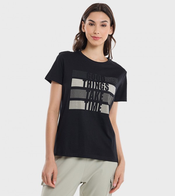 Embellished T-Shirt with Crew Neck and Short Sleeves
