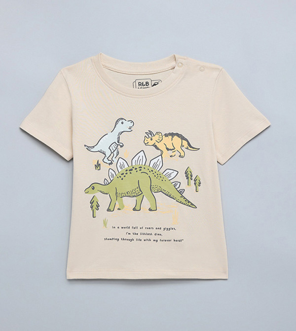 Dino Print T-Shirt with Crew Neck and Short Sleeves
