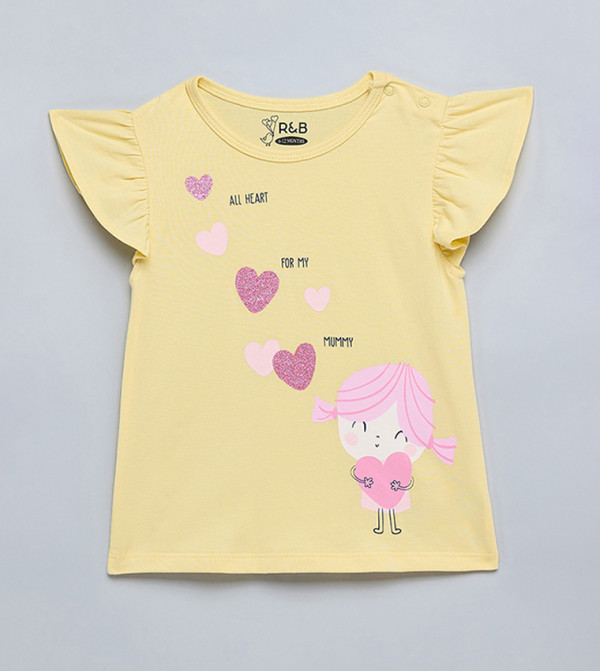 Printed T-Shirt with Crew Neck and Flutter Sleeves