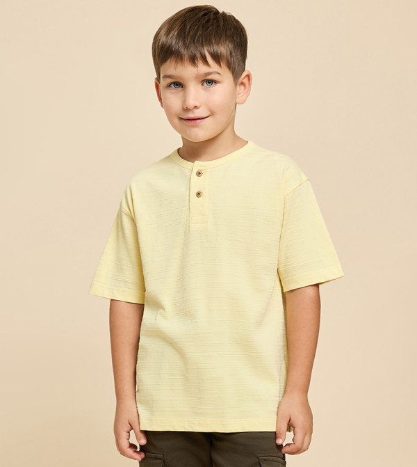 Textured T-Shirt with Henley Neck and Short Sleeves